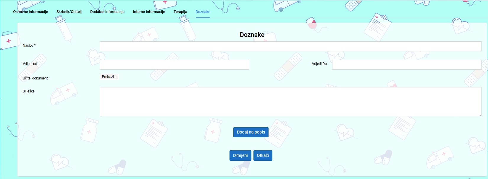 Kartica Doznake – unos naslova, trajanja i ucitavanje dokumenta