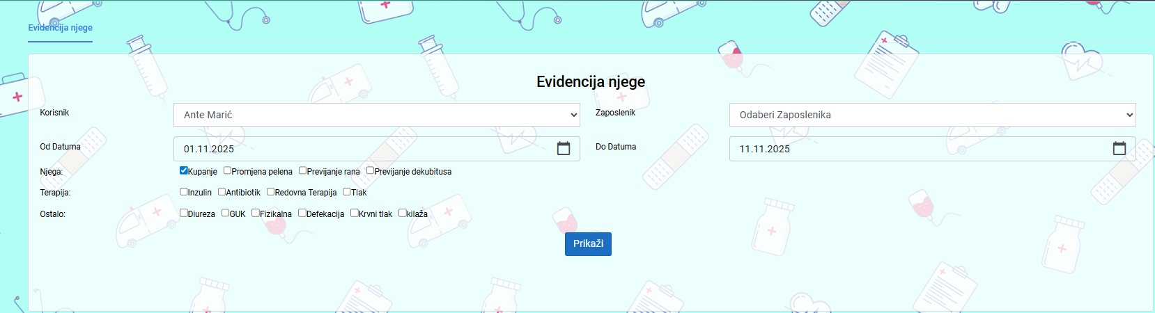 Prikaz sucelja za evidenciju njege po korisniku