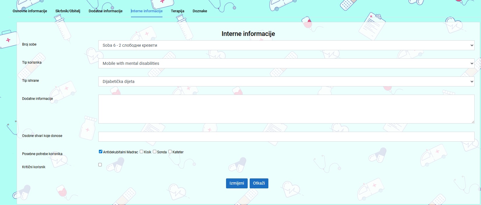 Kartica Interne informacije – soba, tip korisnika i posebne potrebe