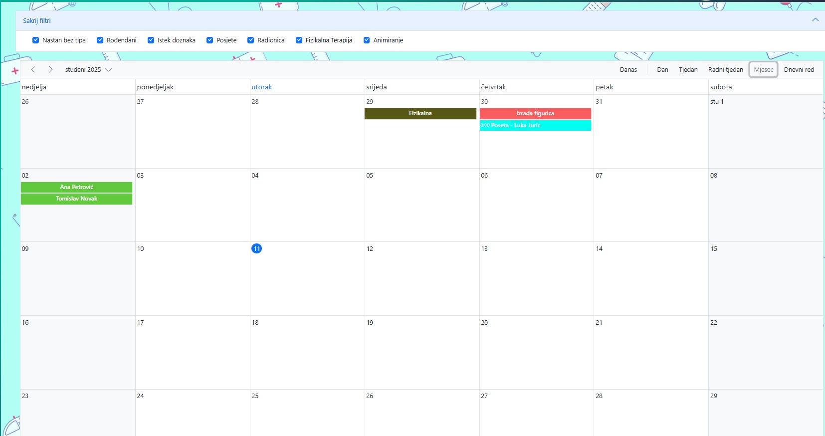 Mjesecni prikaz kalendara s dogadajima