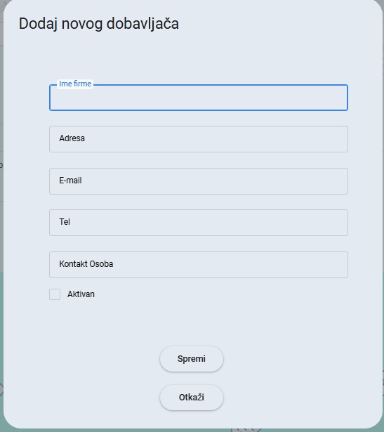 Forma za dodavanje novog dobavljaca