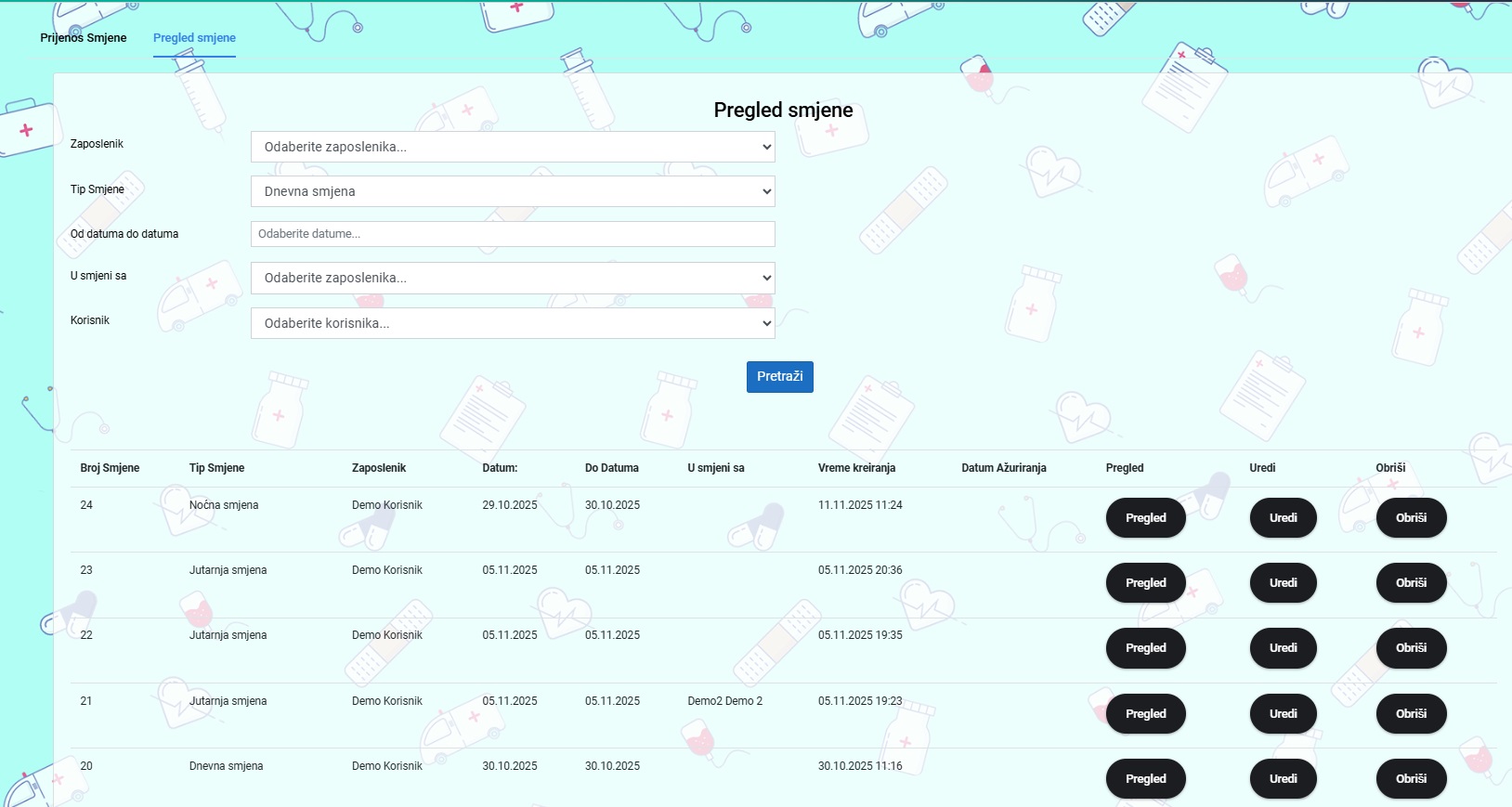 Pregled ranije unesenih smjena