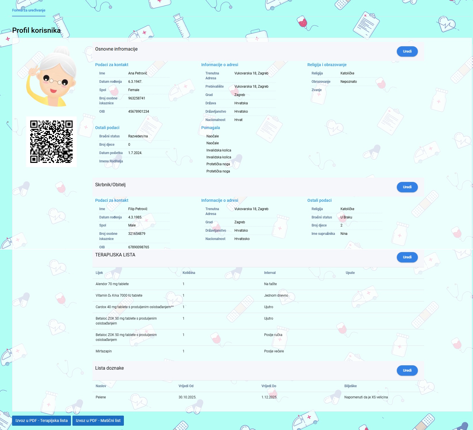 Profil korisnika s osnovnim informacijama, skrbnikom i terapijskom listom